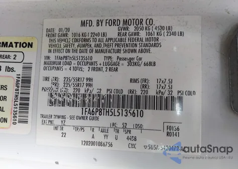 2020 Ford Mustang Ecoboost Fastback from USA, damaged, VIN 1FA6P8TH5L5135610